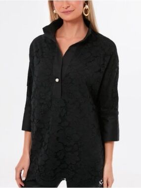 Tuckernuck Black Lace Willow Tunic Top With Pearl Buttons, High-Low Hem, XXXL
